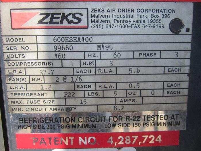 Used Refrig, Dryer, Air, Zeks, 600 CFM, 3 HP, R-22 #S739964