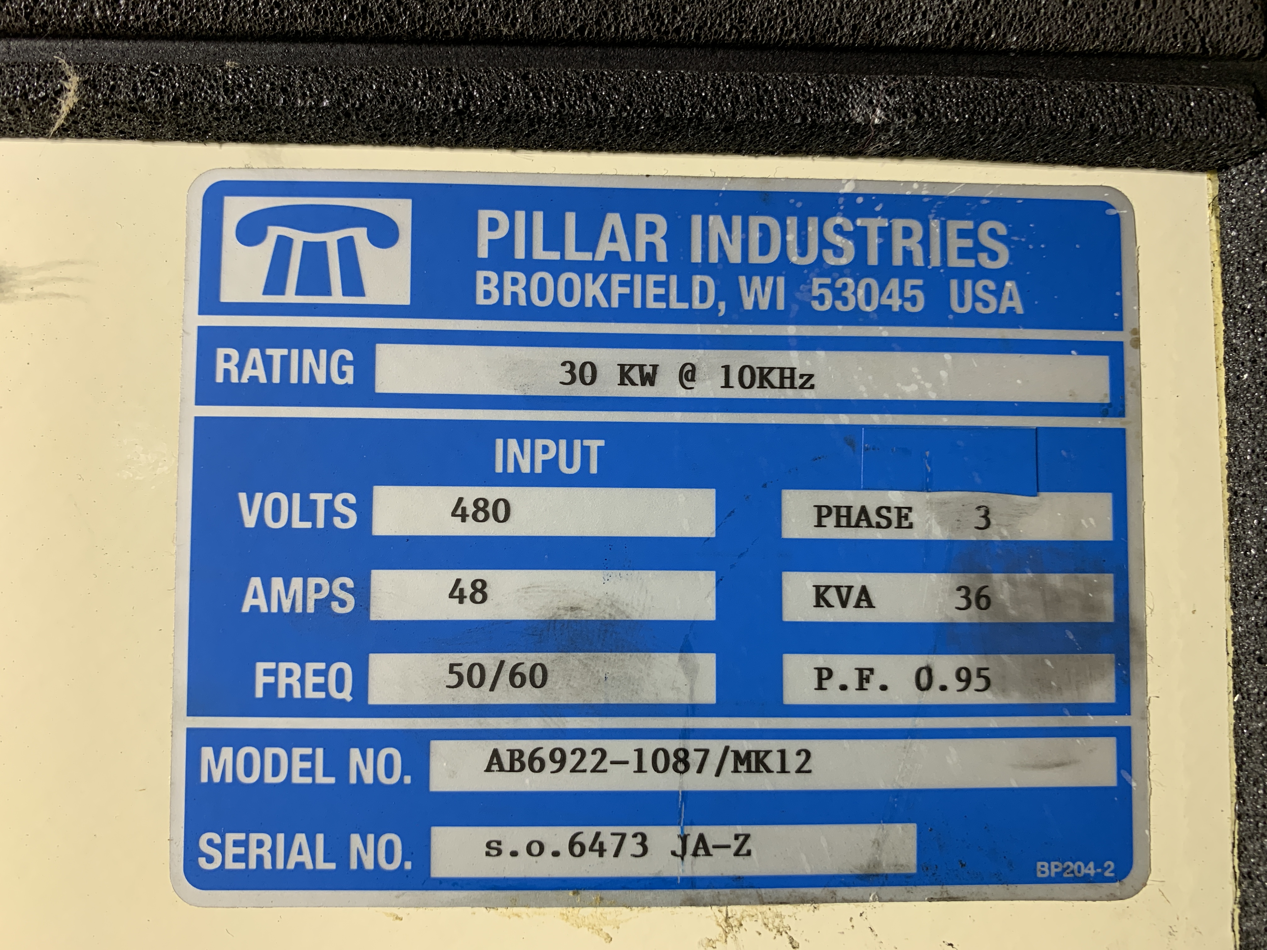 Used 30 KW, Pillar MK-12 Induction Hardening Machine; S/N 3610