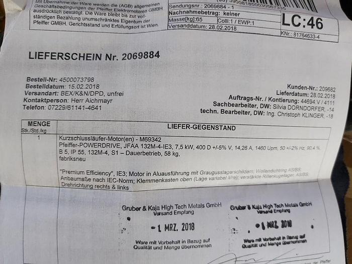 Pfeiffer JFAA 132M-4-IE3, 7,5 KW, 1460 rpm,