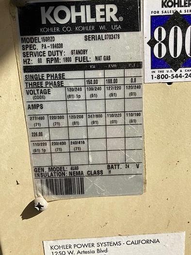 Used 2001 Kohler Generator 150kW Natural Gas Model 150RZD