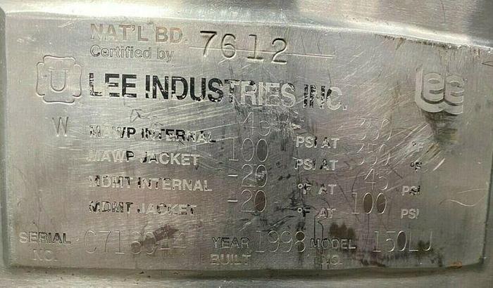 Used LEE 150 Liter Stainless Steel Jacketed 45 PSI Reactor w/ Sight Glass & Valves