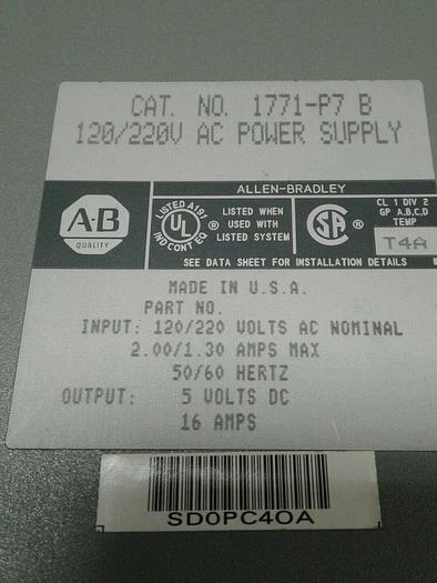 Used Allen Bradley 1771-P7/B ac power supply 120/220v