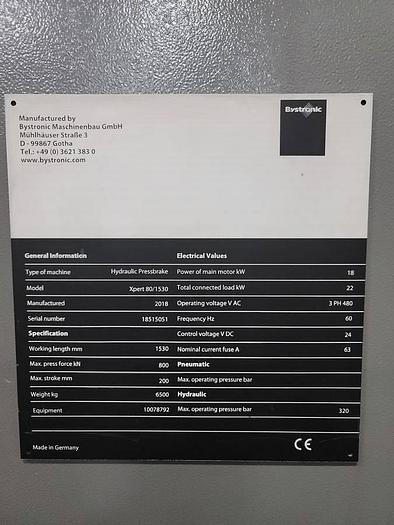 Used 2018 Bystronic Xpert 80/1530 Press Brake