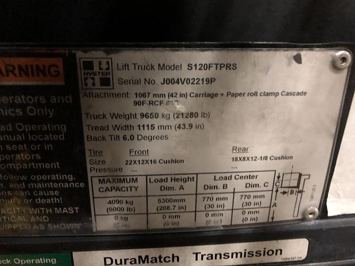 Used 12,000 POUND HYSTER MODEL S120FTPRS ROLL CLAMP FORKLIFT MFG. 2016