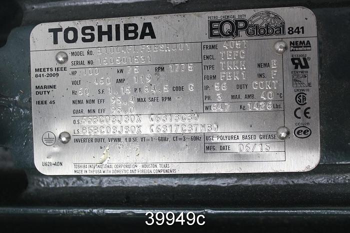 Unused Toshiba 100 HP AC Motor, 1775 RPM, 460 Volts, 405T Frame, Unused #39949