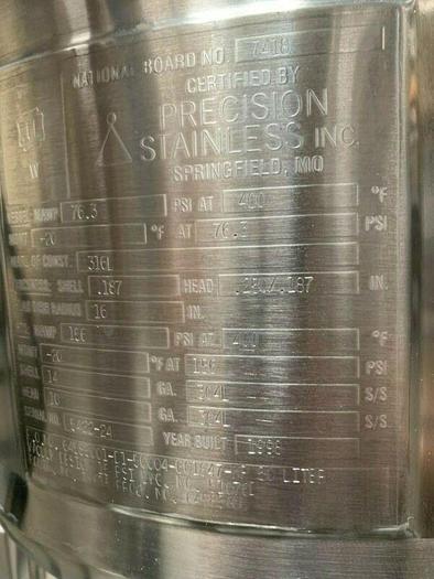 Used Precision 50 Liter Stainless Steel Jacketed Reactor 76 PSI