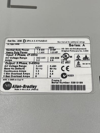 Used Allen-Bradley 20B D 3P4 A 0 AYNAEA0 Ser A 20-HIM-A3 Ser C