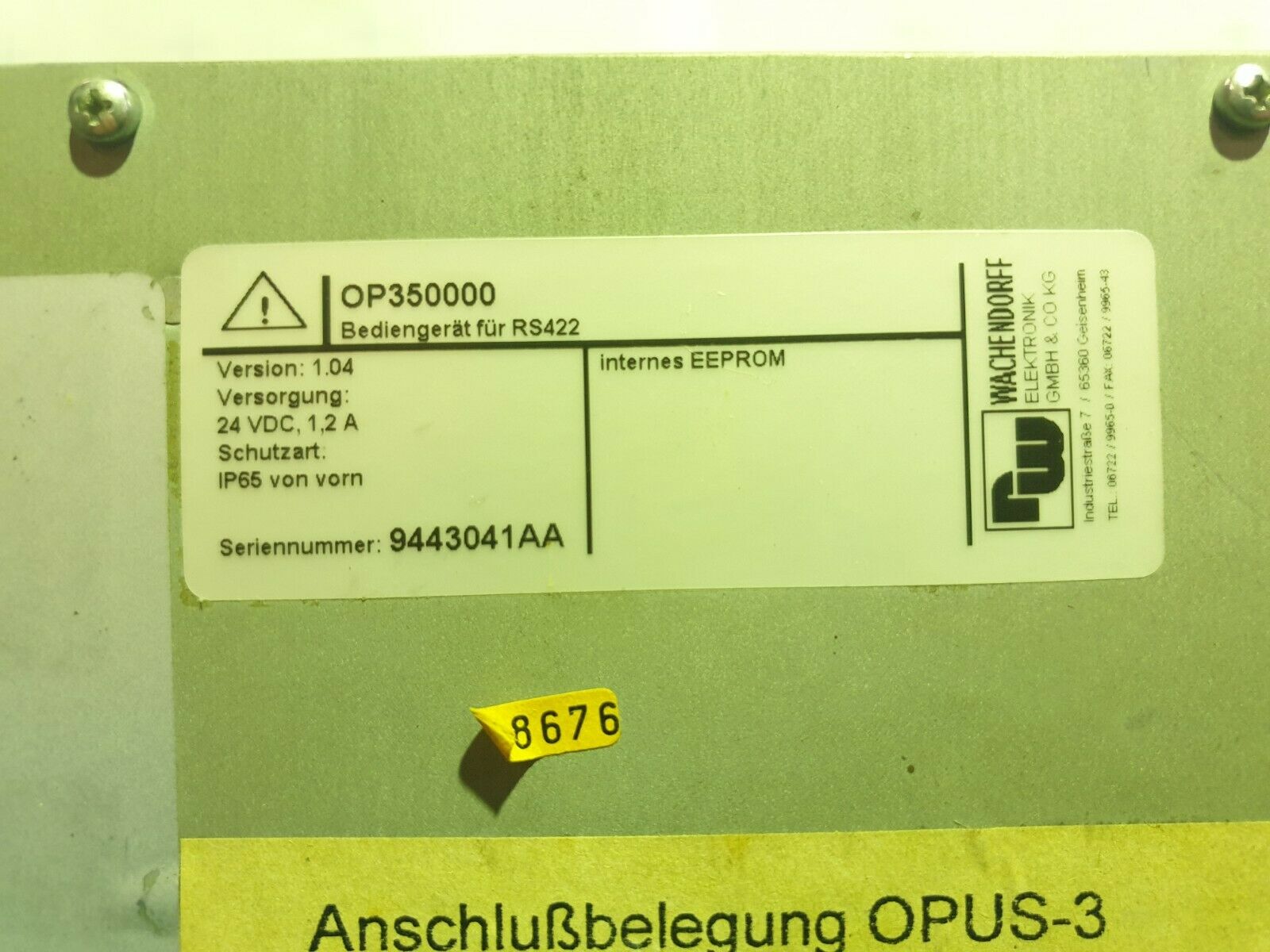 Used Wachendorff Opus 3 Controller OP350000 Version 1.04 Fette p/n: OP35000 NO KEY