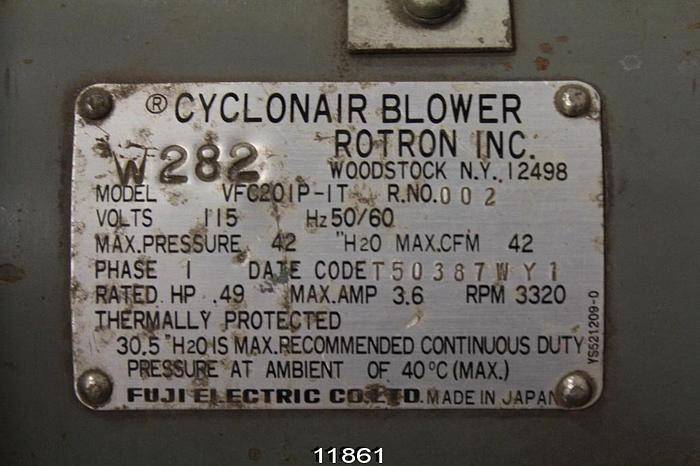 Used Cyclonair VFC201P Blower, 42 Cfm, 42 Psi, 49 Hp, 3320 Rpm, 115 Volt #11861