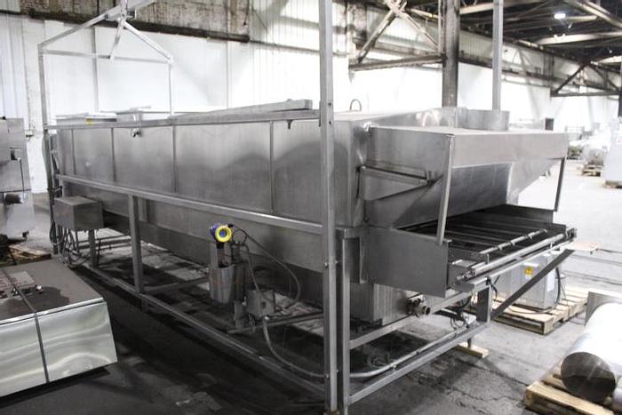Used STEAM FIRED BLANCHER, 48" W X 16' LONG, OVERHEAD FRAMEWORK FOR HOISTING CANOPY, ALL STAINLESS STEEL M2003M