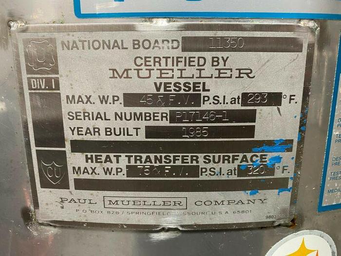 Used Paul Mueller 430 Liter 45 PSI Stainless Steel 75 PSI Jacketed Reactor w/ Mixer
