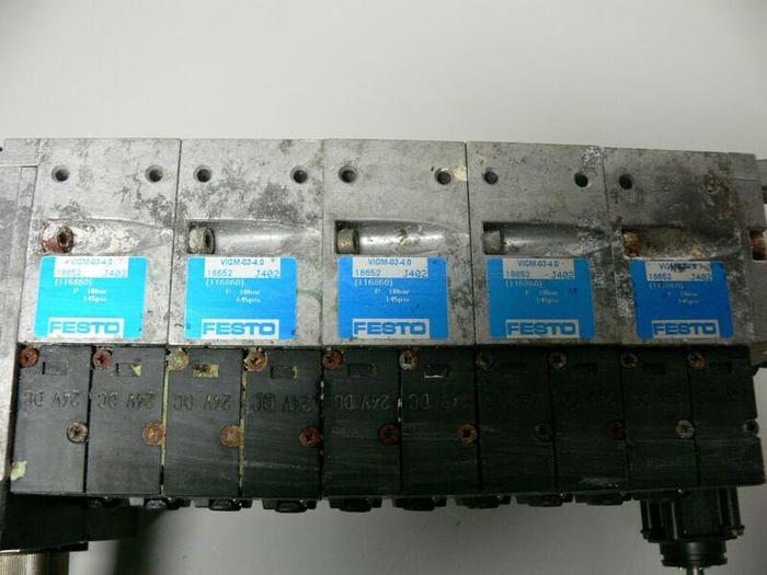 Used Festo Pneumatic Solenoid Manifold 18980 + VIGE-03-FB-8 (x3) & WIGM-03-4.0 (x5)