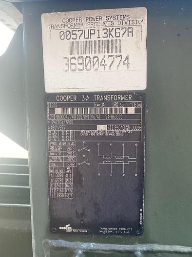 Used 1996 Cooper Power Systems 1000 KVA Transformer HV: 12470GY/7200 LV: 480Y/277