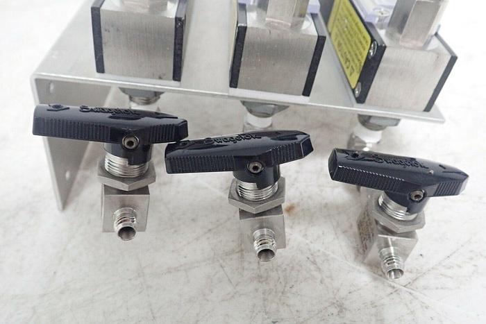 Used Lot of 3 Dwyer Flow Meters with 3 Swagelok Stainless Steel Ball Valves SS-41GS2