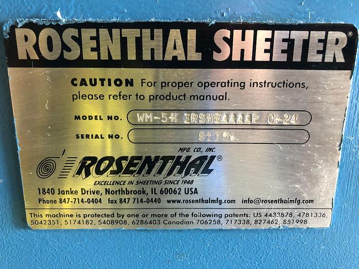 Used 60" ROSENTHAL SHEETER MODEL WM-5HIRSHEAAAAP-OK24 W/ OUTPUT CONVEYOR