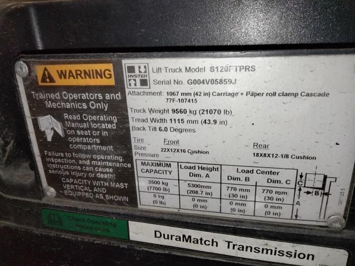 Used 12,000 POUND HYSTER S120FTPRS WITH CASCADE ROLL CLAMP - PENDING SALE