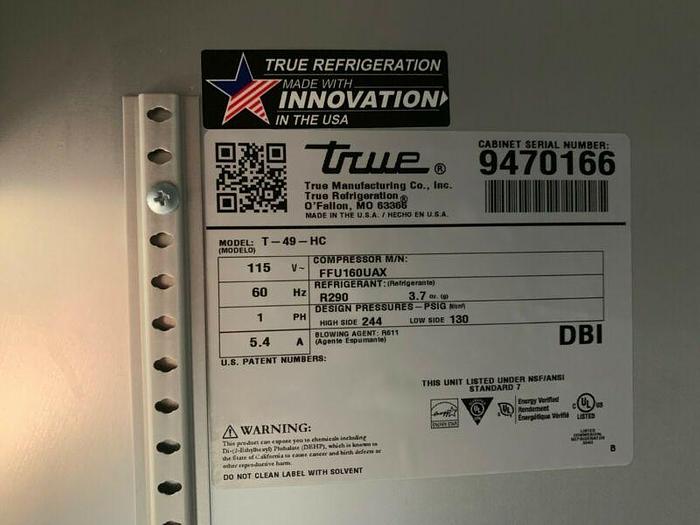Used True T-49-HC Two-Door Commercial Refrigerator w/ Hydrocarbon refrigerant Ft 115V