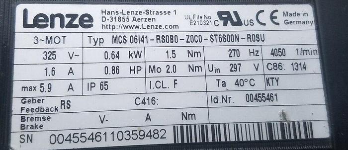 Used Lenze MCS 06I41-RS0B0-Z0C0-ST6S00N-R0SU/ G3T04-2S VBR 06IC41