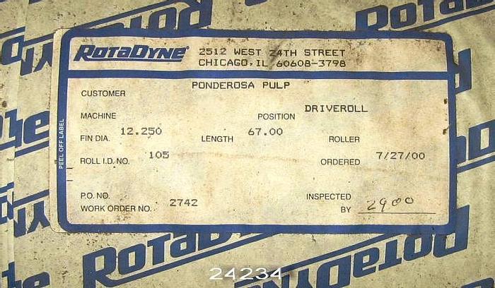 Unused Andritz SDM60P Spare Press Roll For 1.6M Andritz Sdm60P Sludge Press, Unused In Box, With Rubber Cover, 12.25" Diameter, 67" Face, 92.5" Overall Length #24234