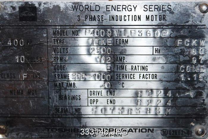 Used Toshiba F4009WLF360P 400Hp, 712RPM, 2300Volts AC Motor #33314