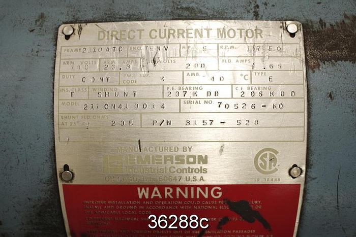 Used Emerson 211CN410014 DC Motor, 5 Hp, 1750 RPM, 180-200Volt #36288