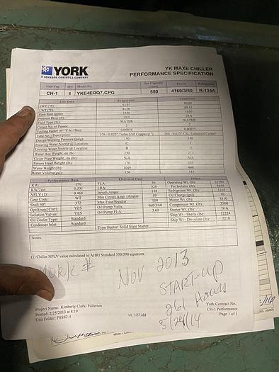 Used YORK MAXE 550 TON CENTRIFUGAL CHILLER MFG. 2013