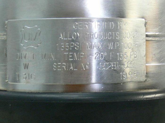 Used Alloy Products Stainless Steel Pressure Vessel 135 PSI Max Water Pressure