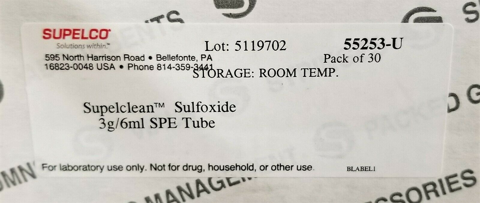 New Supelco Supelclean Sulfoxide (55253-U) SPE Tube (Pack of 30)