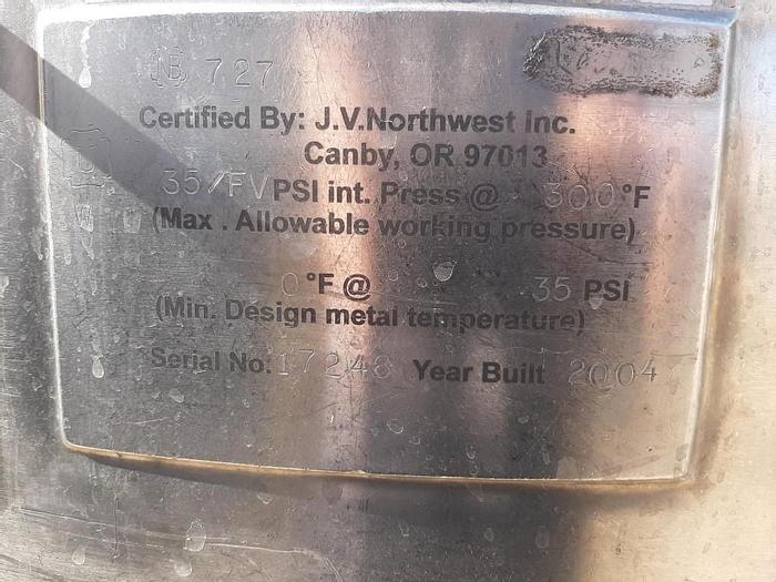 Used Tank, 145 Gallon, 316 Stainless Steel, Agitated, Full Vacuum, 35 PSI, 36" X 28", #S743746