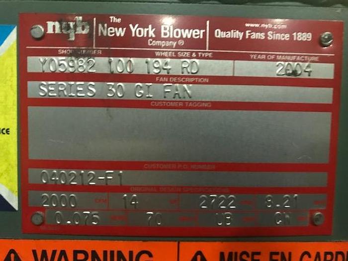 Used NY BLOWER SERIES 30 GI FAN SIZE 194RD  15HP 2000CFM