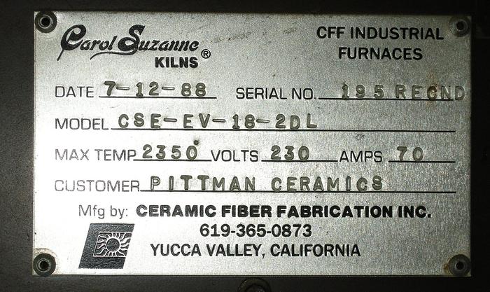 Used Kiln, Box, 3' X 3' X 2', 18 CF, 2350 Deg F, Envelope #C740511