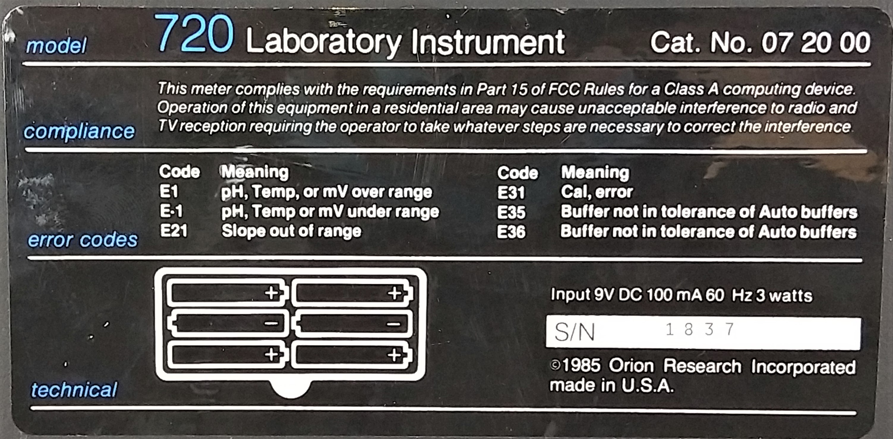 Used Orion SA 720 pH Meter with Electrode