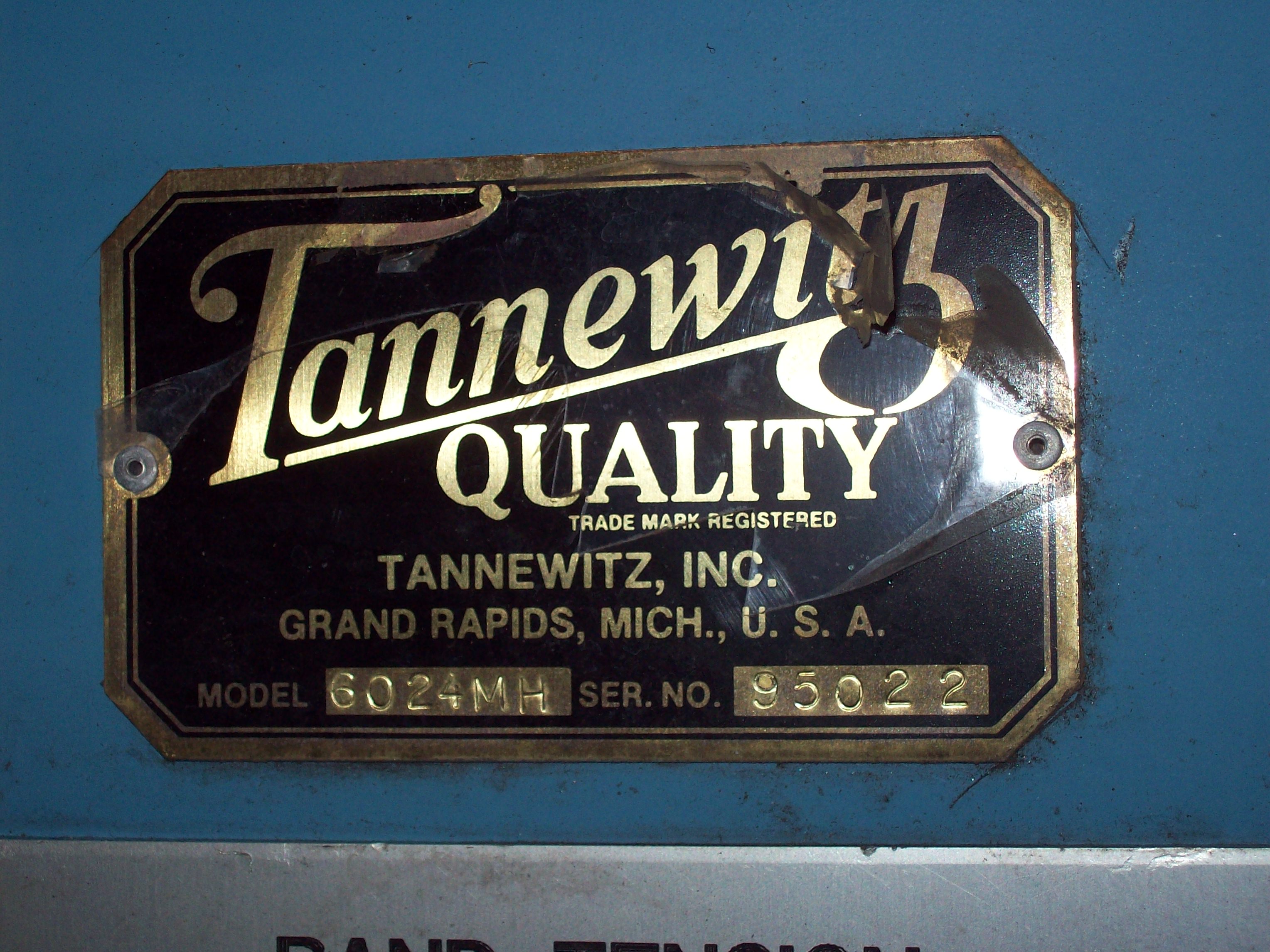 Used 24"  x 144" Tannewitz Model 60-24MH Vertical Band Type Plate Saw; Mfg. 1995