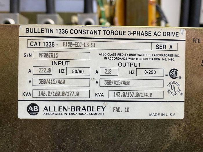 Used ALLEN BRADLEY DRIVE CAT NO. 136-B150-EDJ-L3-S1 SERIES A