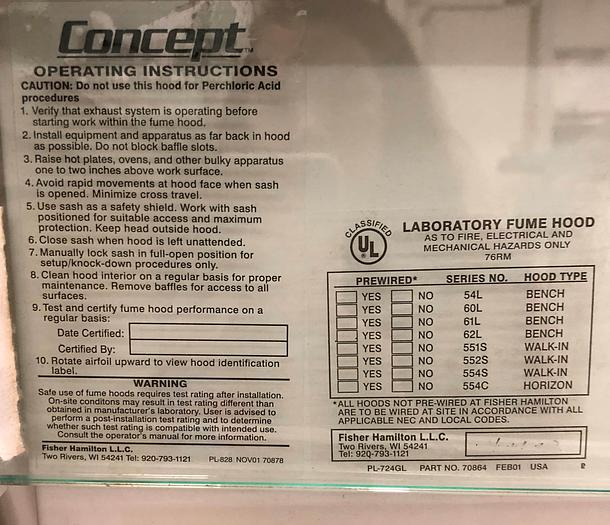 Used FISHER HAMILTON 8' Fume Hood, Concept Model
