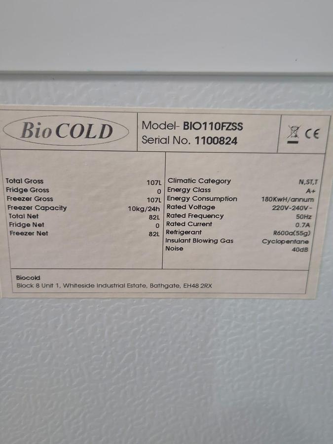 Used BioCold BIO110FZSS Spark Free Underbench Laboratory Freezer
