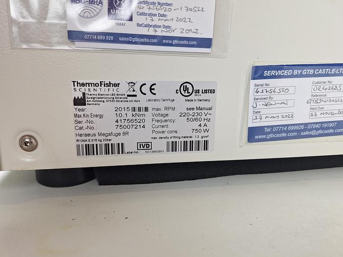 Used Thermo Scientific Heraeus Megafuge 8R Refrigerated centrifuge