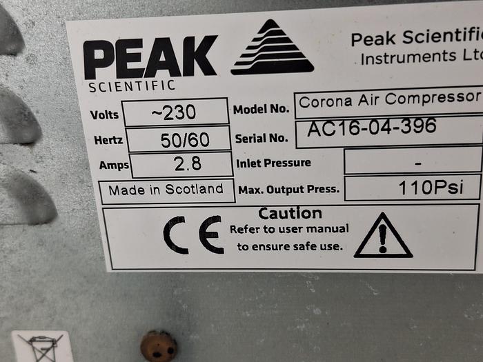 Used Peak Scientific Carona Nitrogen Generator paired with Air Compressor
