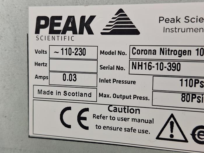 Used Peak Scientific Carona Nitrogen Generator paired with Air Compressor