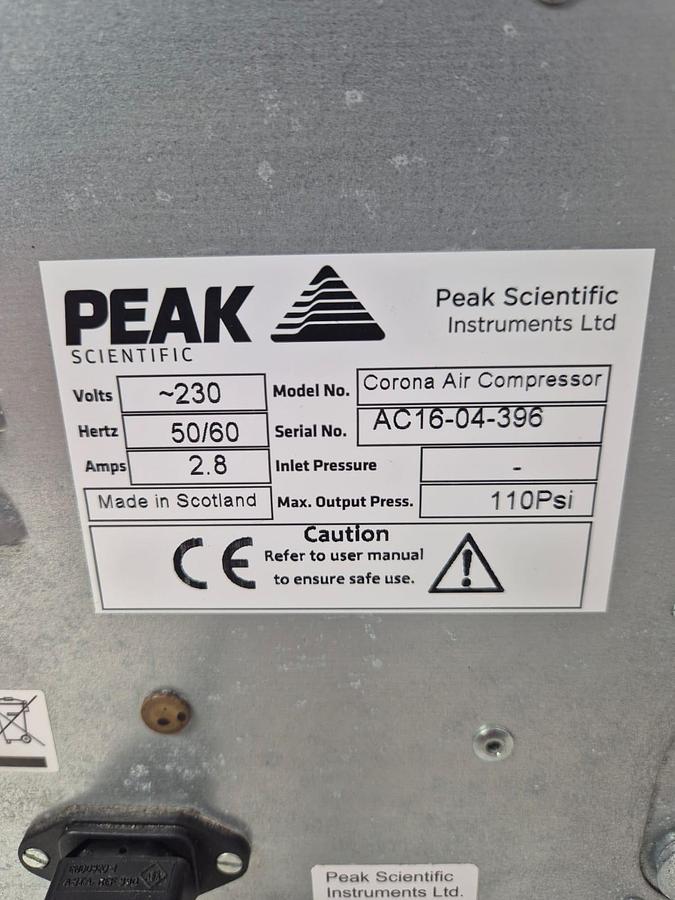 Used Peak Scientific Nitrogen Generator Corona 1010 + Corona compressor