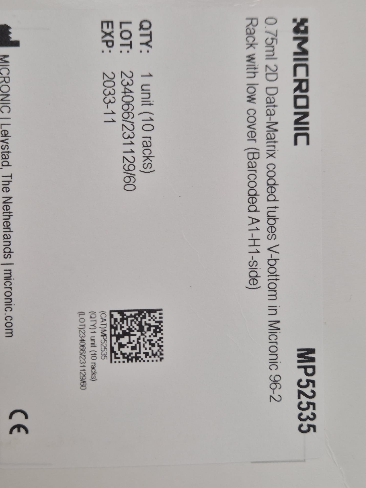 Micronic 0.75ml Data-Matrix coded tubes V bottom MP52535
