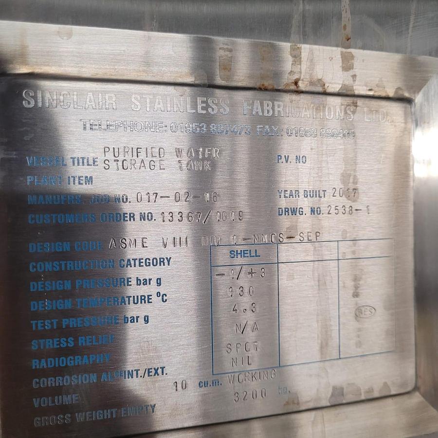 Used Sinclair Stainless Fabrications Purified Water Storage Tank
