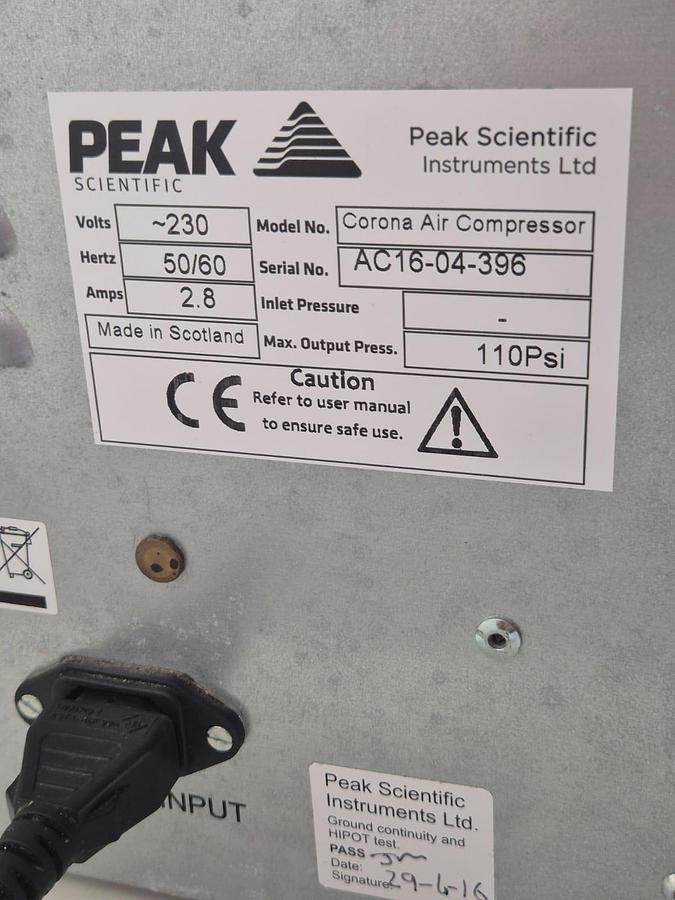 Used Peak Scientific Nitrogen Generator Corona 1010 + Corona compressor