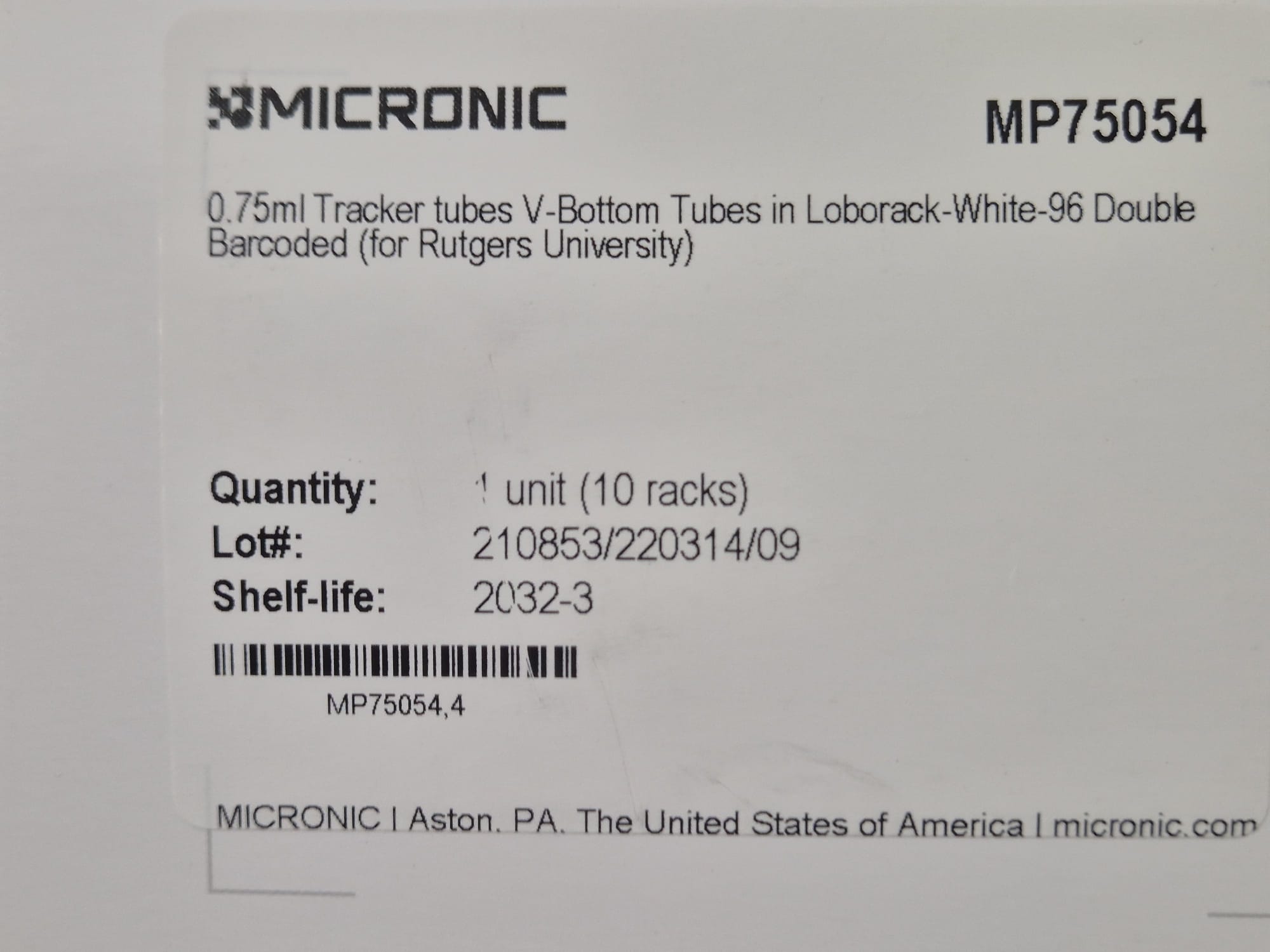 Micronic 0.75ml Specimen Storage Tubes MP75054