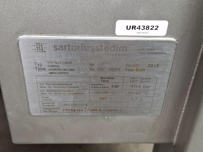 Used Sartorius Stedim Palletank Cubical Jacketed-Mix 200L Storage Tank