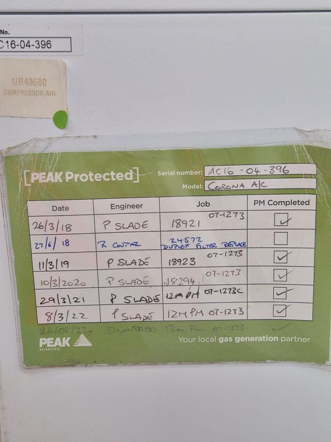 Used Peak Scientific Nitrogen Generator Corona 1010 + Corona compressor