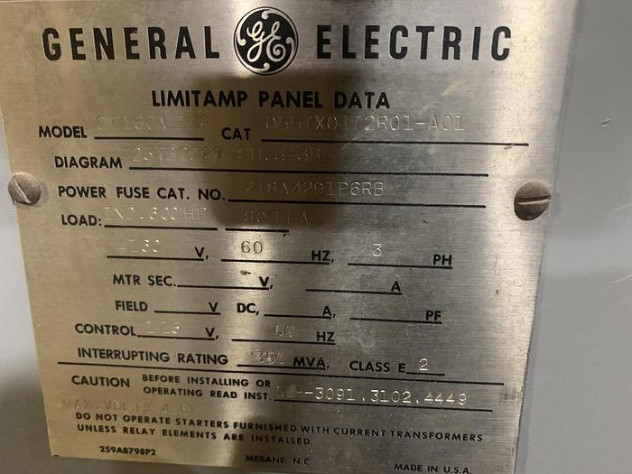 Used GENERAL ELECTRIC LIMITAMP C7160A1189 600 HP CONTROLLER W/ DRAW-OUT AIR-BREAK CONTACTOR