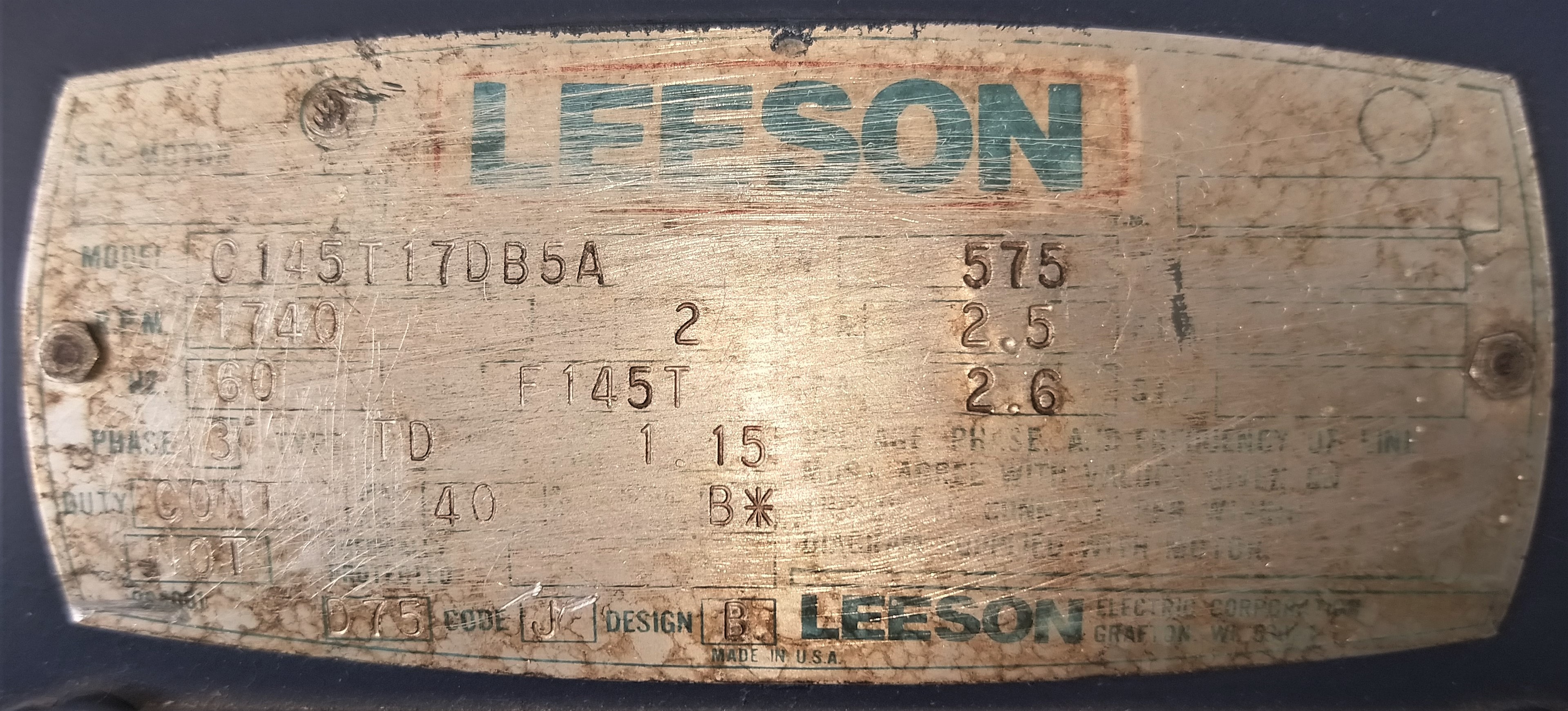 Used Leeson 121005.00 (C145T17DB5A) General Purpose 2HP Motor