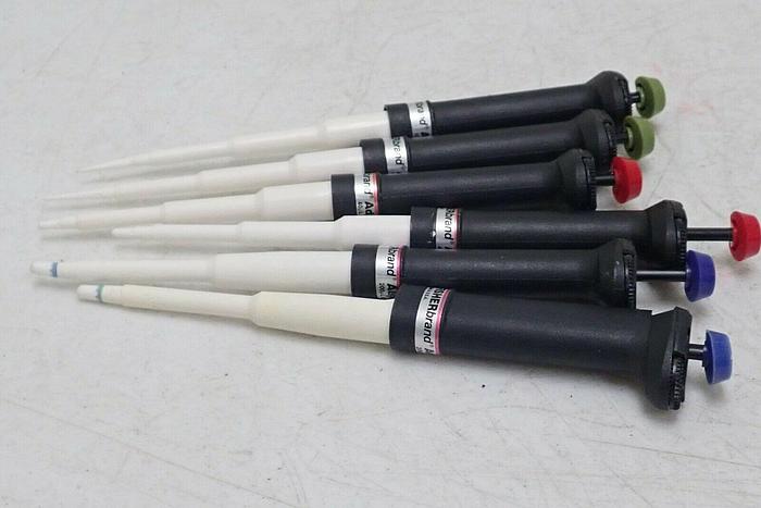 Used Lot of 6 Fisher Brand 10-50 µL, 40-200 µL, 200 µL - 1 mL Adjustable Pipettes