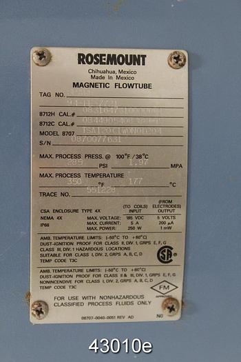 Unused Rosemount 8707TSA120C1W0NOD2Q4 12" Magnetic Flow Tube #43010